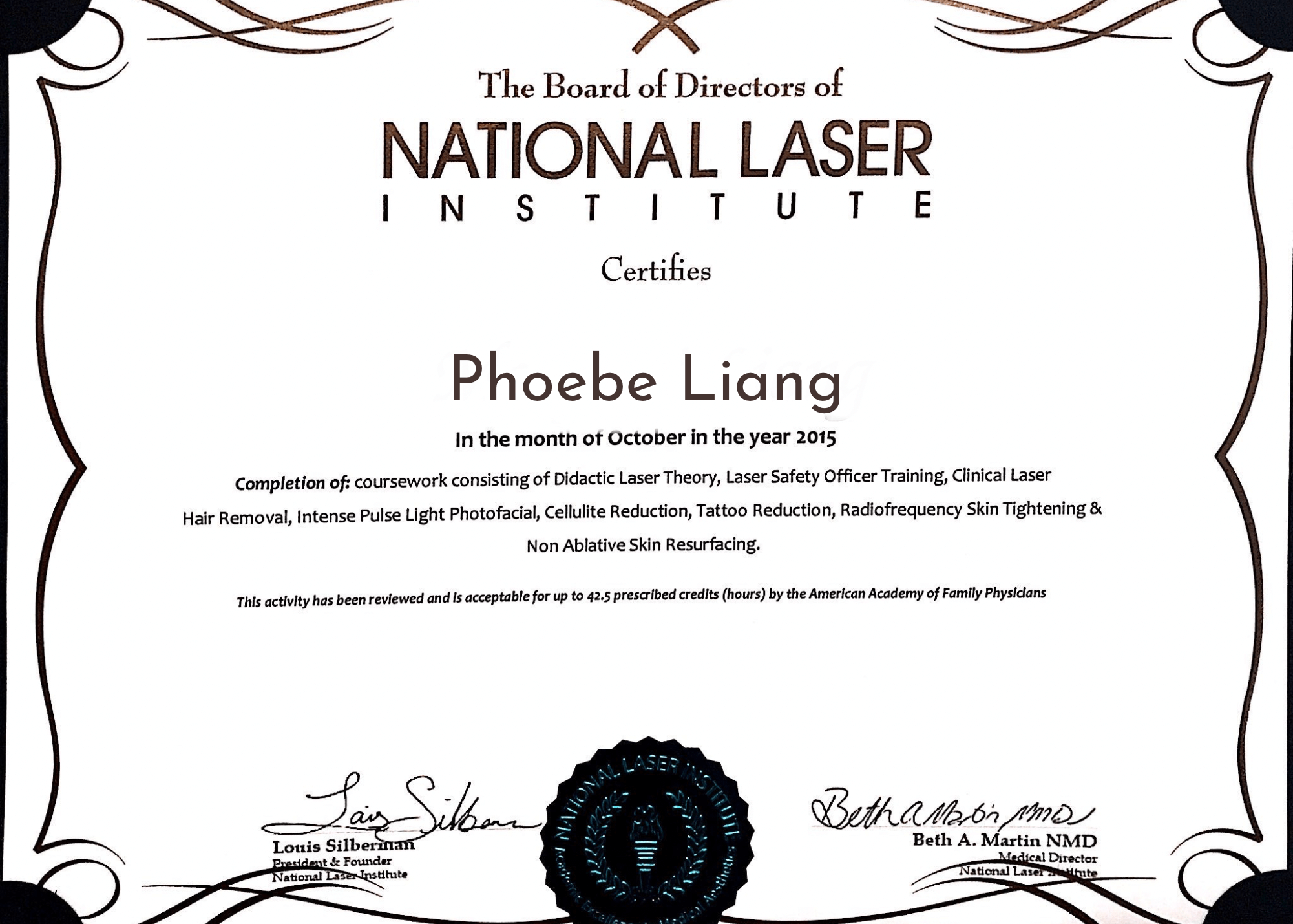 National Laser Institue Certificate Phoebe Liang