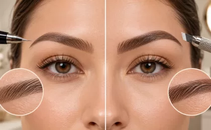 Nanoblading vs microblading comparison showing natural hair stroke brows