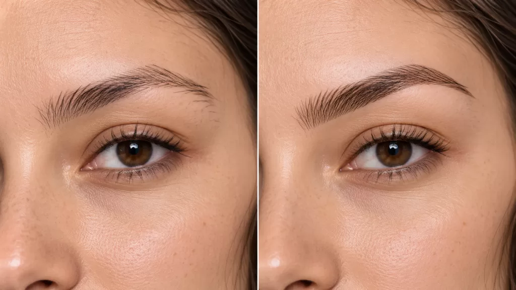 Fresh versus healed hair stroke brows showing softer natural results