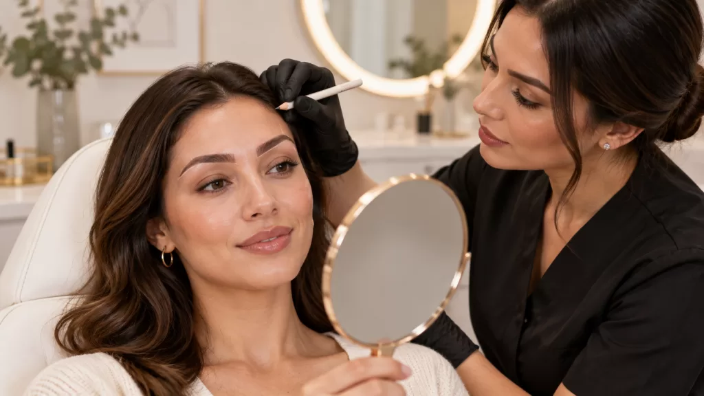 Nanoblading and microblading healing stages from fresh brows to healed results