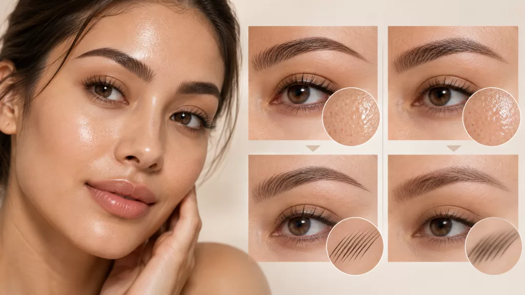 Nano brow hair strokes shown on different skin textures and brow types