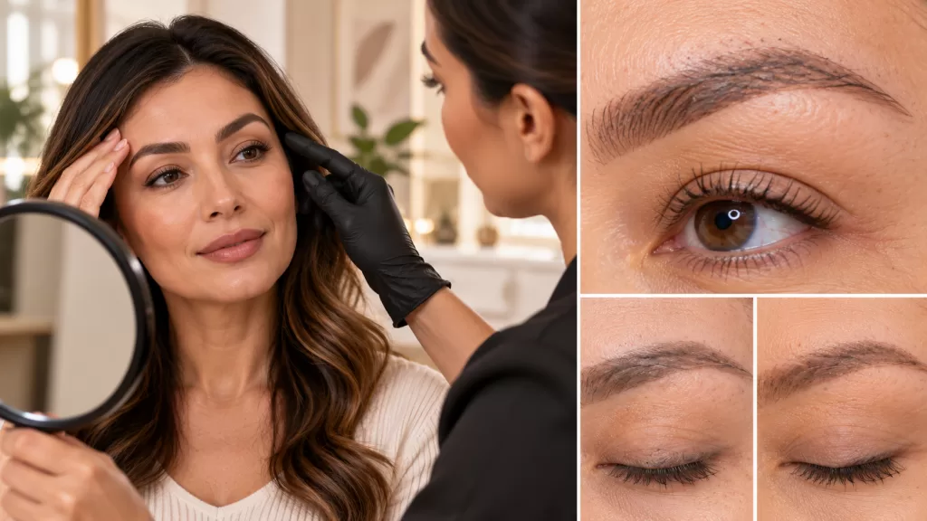 Old microblading pigment assessment before adding new nano brow hair strokes