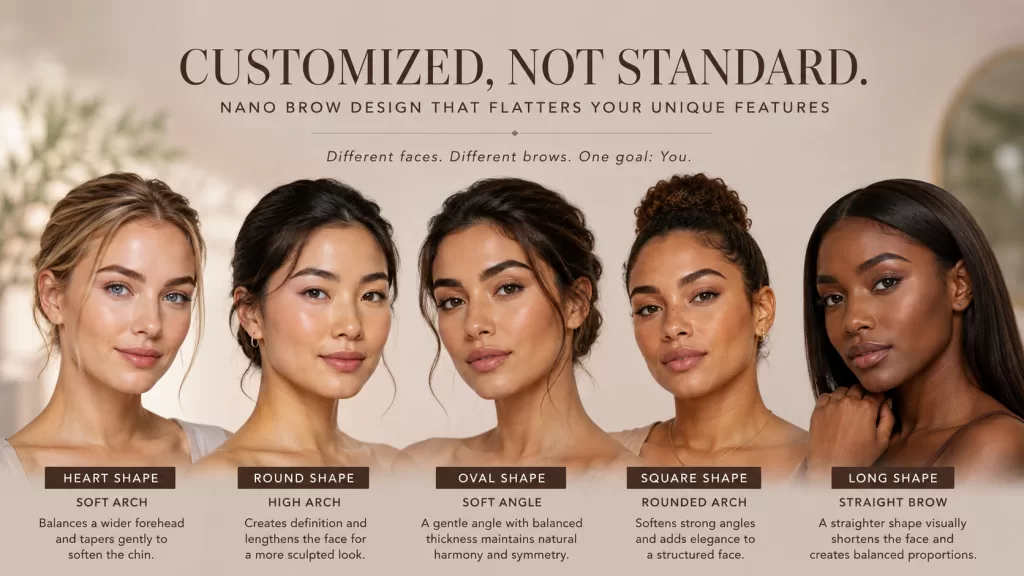 Customized nano brow shapes designed for different facial features