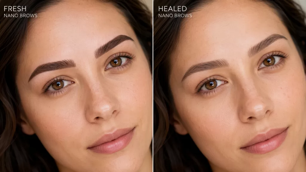 Fresh and healed nano brows showing natural pigment settling