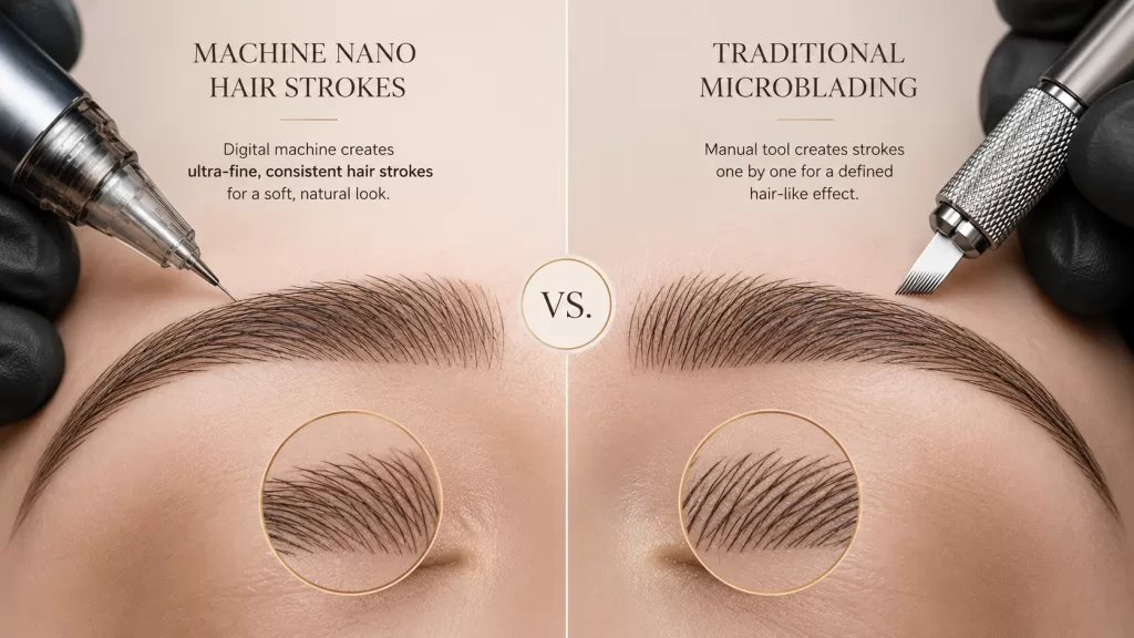 Machine nano hair stroke technique compared with traditional microblading