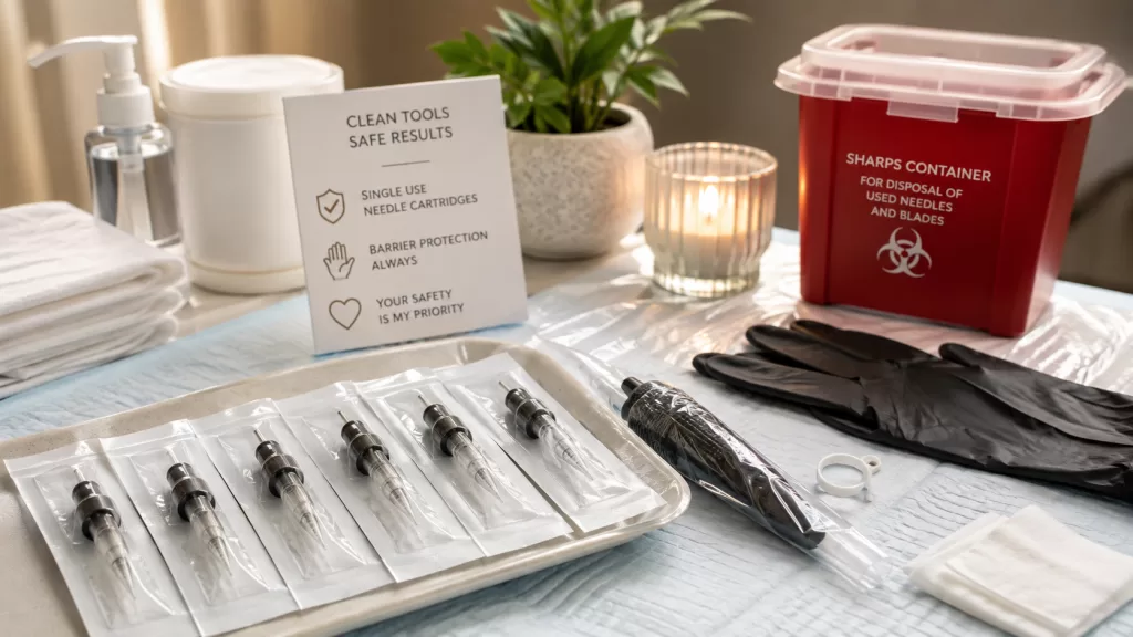 Single-use permanent makeup needle cartridge and hygienic treatment setup