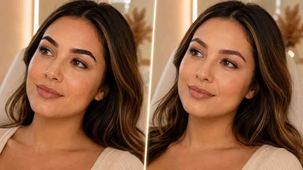 Fresh versus healed nano brow color showing pigment softening