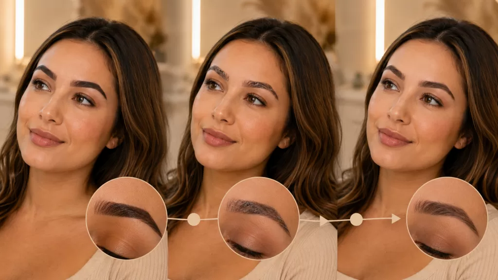 Nano brow color healing stages from fresh pigment to softened healed result