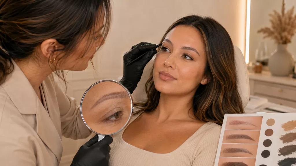 Nano brow pigment color selection using brow samples and skin assessment