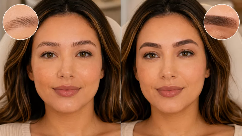 Natural versus more defined nano brow appearance using different pigment density