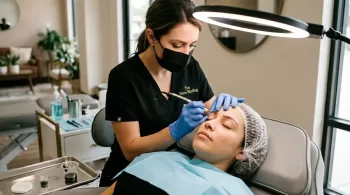 expert from the nano blading giving touch ups to a woman