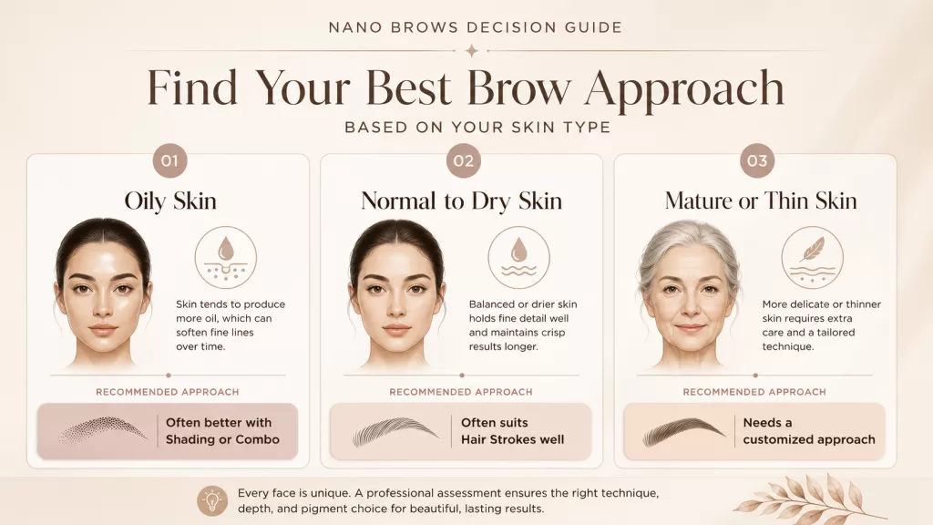 Nano brow technique guide for oily, normal, dry, mature and thin skin