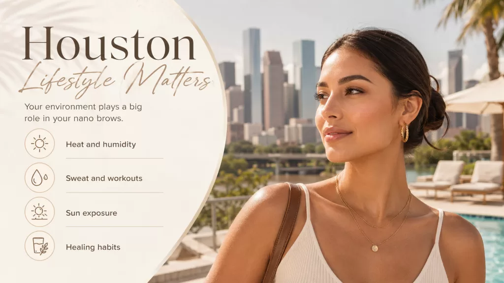 Nano brow considerations for Houston heat, humidity, sweat and sun exposure