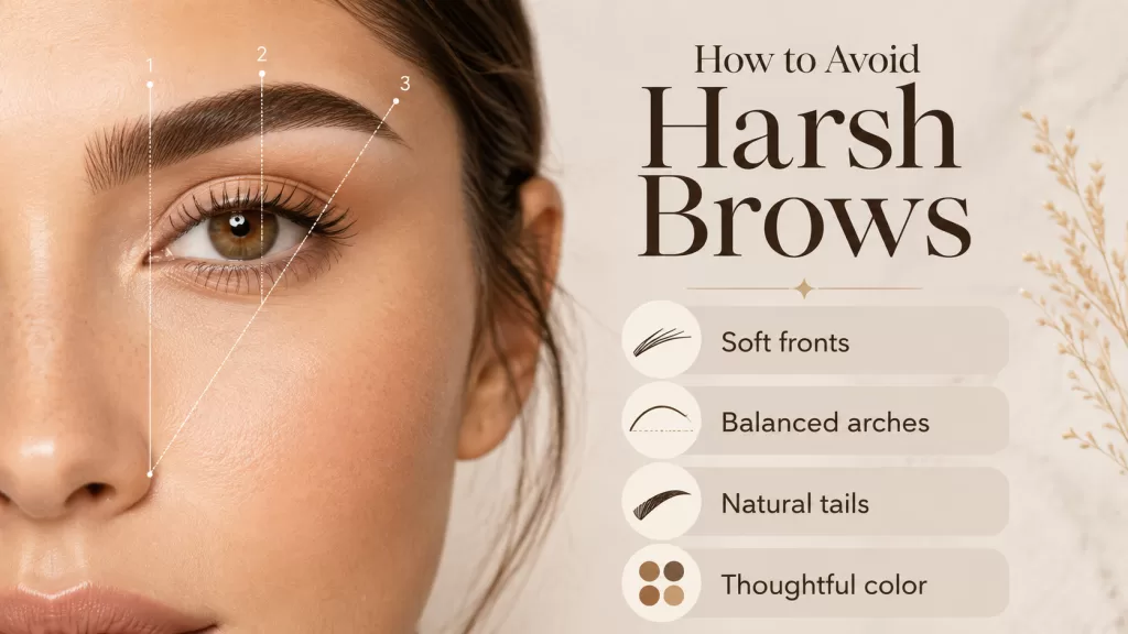 Brow mapping with soft fronts, balanced arches and natural tails