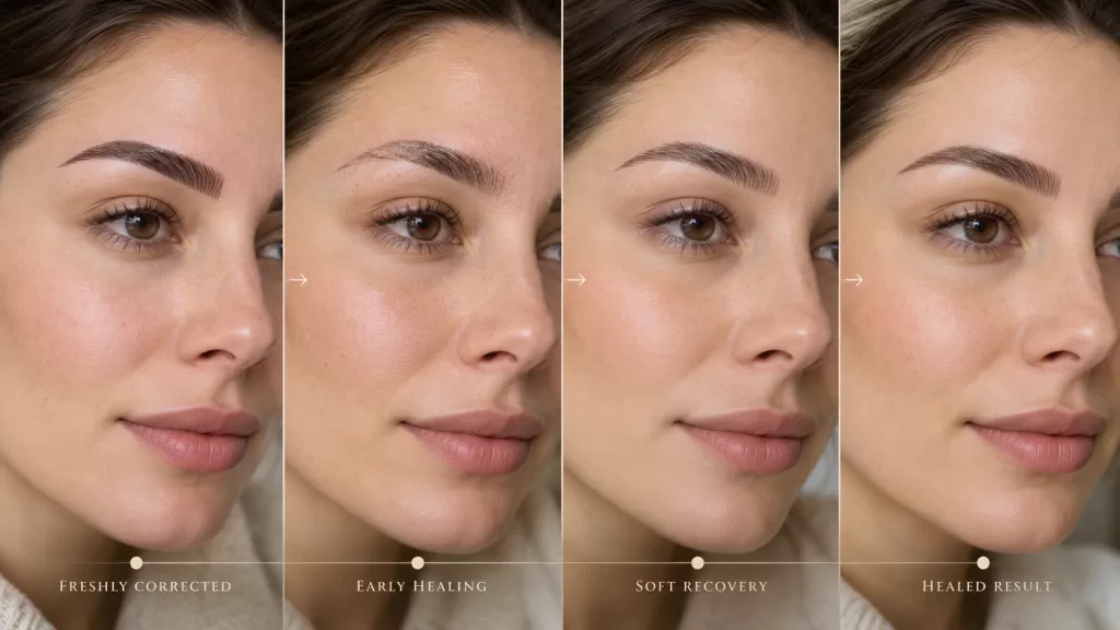 Healing timeline after old microblading correction from early healing to balanced brows