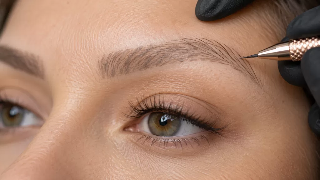 Professional evaluation of old microblading pigment shape color and skin before correction