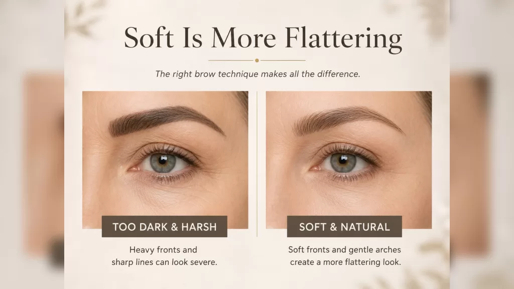 Comparison of overdefined brows and softer natural-looking nano brows