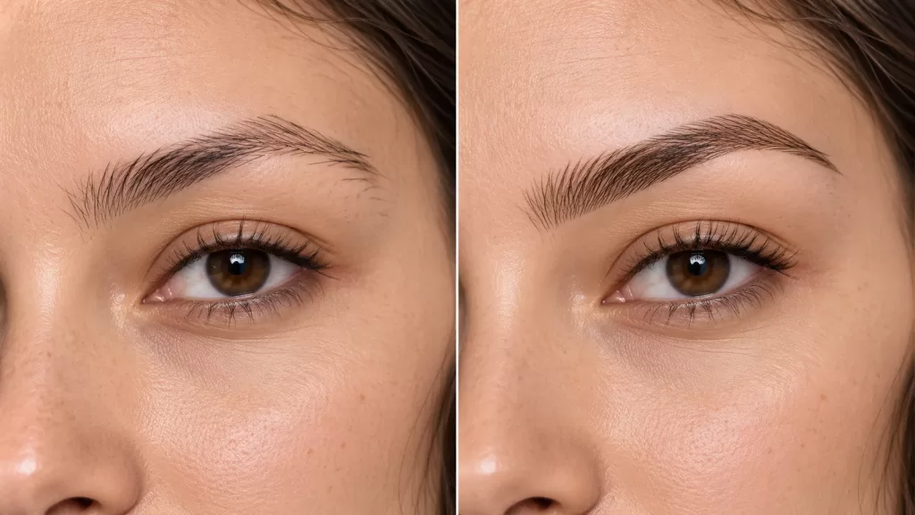 Soft front nano brows with airy hair strokes and visible skin